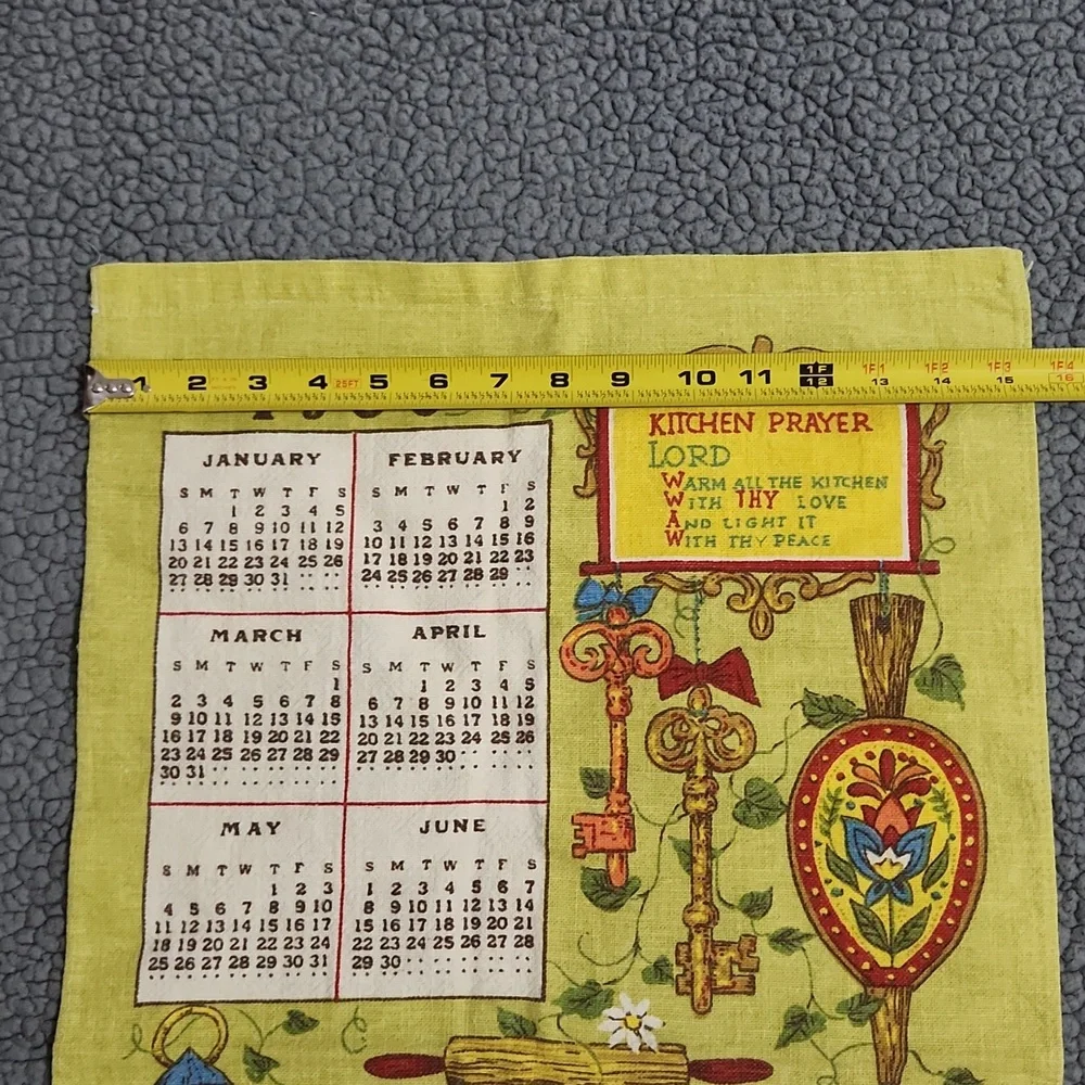 Vintage 1980 Calendar Kitchen Prayer Tea Towel Light Green